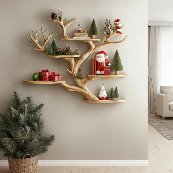 Floating Tree Bookshelf – Mid-Century Wall-Mounted Bookcase, Handmade Xmas Tree Shelf & Rustic Home Decor