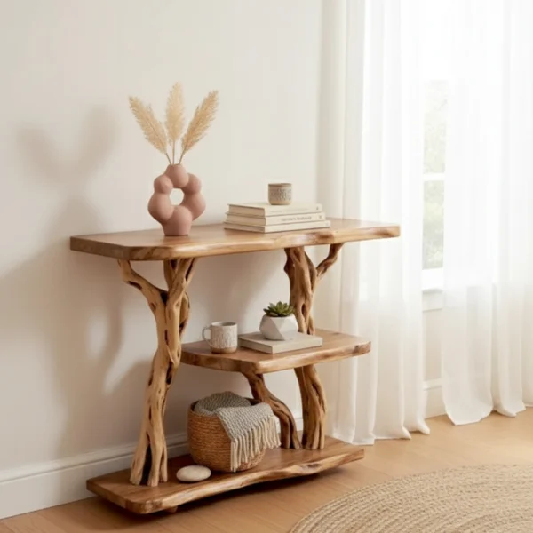 Freestanding Driftwood Nightstand, Rustic Plant Stand & Natural Shelving Furniture