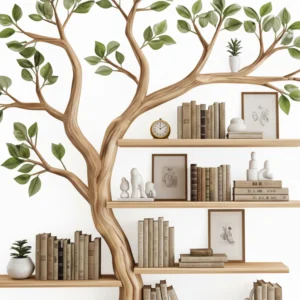 Freestanding Tree Bookshelf – Handcrafted Wooden Sculpture with Leafy Branch Shelves2