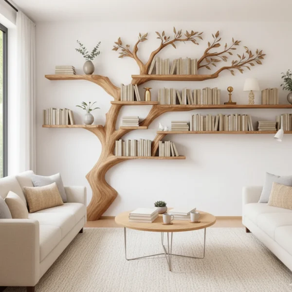 Handcrafted Tree Branch Bookshelf - Solid Wood Wall-Mounted Display