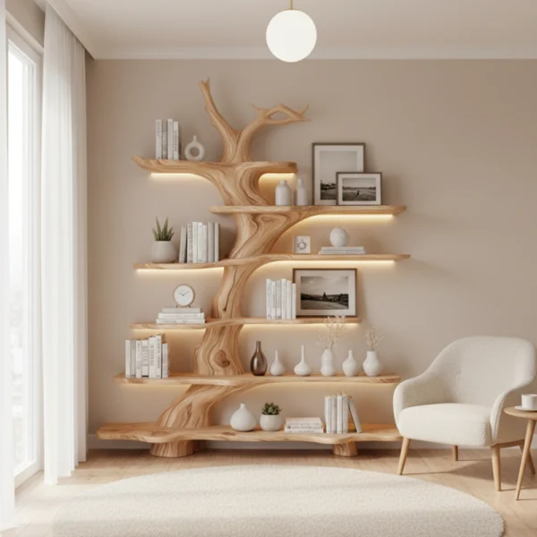 Handmade Driftwood Tree Branch Corner Shelf – Floating Mini Bookcase, Rustic Wall-Mounted Bookshelf & Natural Home Decor