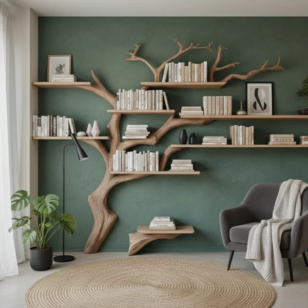 Large Tree-Shaped Wooden Bookshelf – Unique Wall-Mounted Bookcase with Branch Shelves