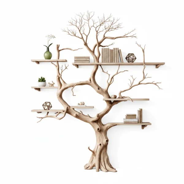 Minimalist Tree-Shaped Corner Bookshelf - Handcrafted Oak Wood Sculpture Shelf