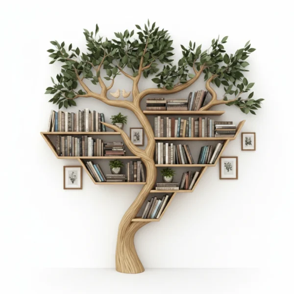 Rustic Tree Bookshelf - Handcrafted Solid Wood Wall-Mounted Display