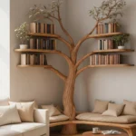 Rustic Tree Bookshelf with Corner Bench - Handmade Wooden Reading Nook for Kids & Nature Lovers