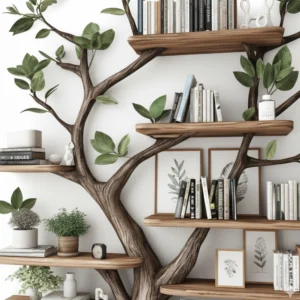 Tree Bookshelf – Handcrafted Wall-Mounted Bookcase in Natural Wood2