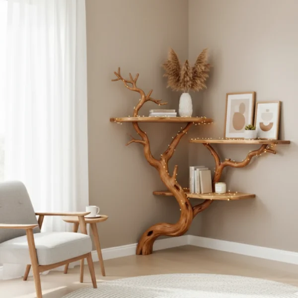 Tree-Shaped Driftwood Bookshelf | Handmade Wall Shelf from Natural Branches