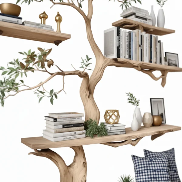 Tree-Shaped Wooden Bookshelf – Handmade Solid Wood Shelf For Interior Decoration