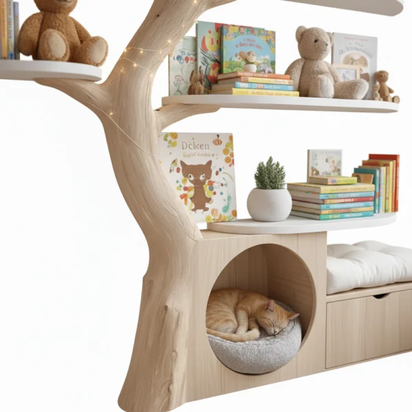 Wood Tree Tower - Handcrafted Tree Bookshelf with Built-In Cat House