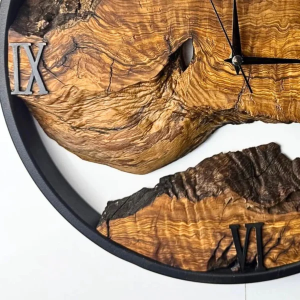 Handcrafted Live Edge Olive Wood & Industrial Metal Clock