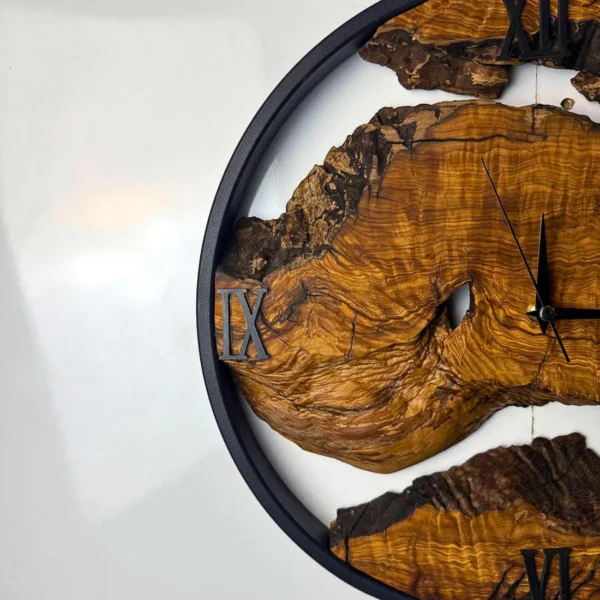 Handcrafted Live Edge Olive Wood & Industrial Metal Clock
