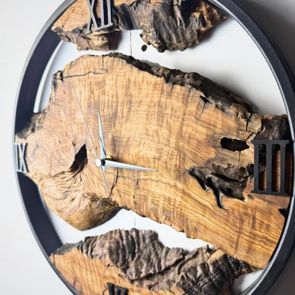 Handcrafted Live Edge Olive Wood & Industrial Metal Clock