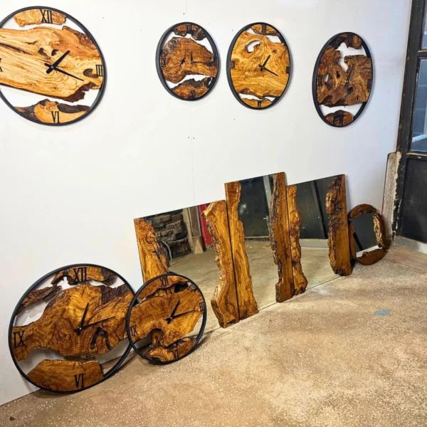 Handcrafted Live Edge Olive Wood & Industrial Metal Clock