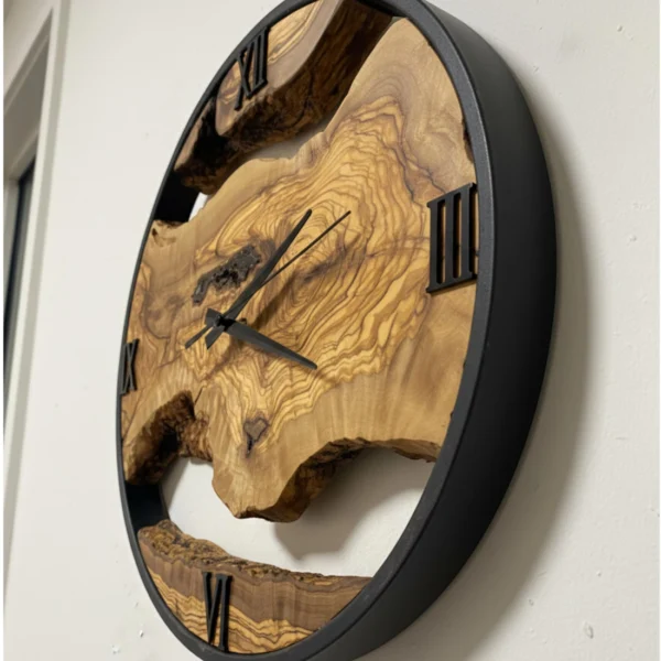 Handcrafted Live Edge Olive Wood & Metal Statement Clock