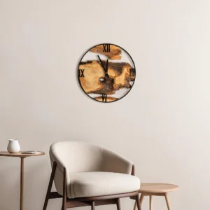 Rustic Live Edge Wall Clock – Olive Wood and Metal Frame for Timeless Wooden Wall Art