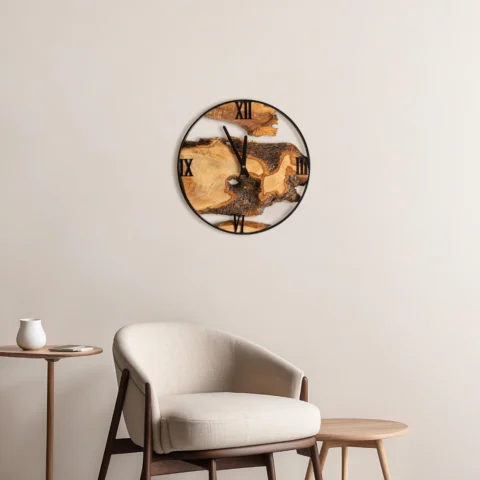Rustic Live Edge Wall Clock – Olive Wood and Metal Frame for Timeless Wooden Wall Art