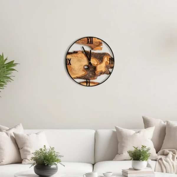 Rustic Live Edge Wall Clock – Olive Wood and Metal Frame for Timeless Wooden Wall Art