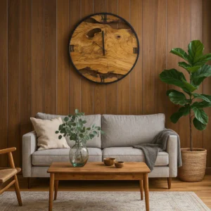 Rustic Wooden Wall Clock – Olive Wood & Metal Frame