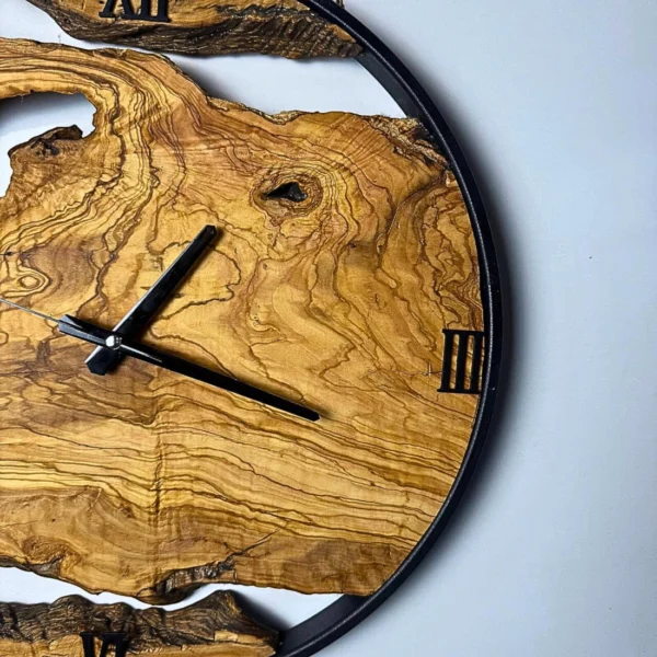 Rustic Wooden Wall Clock – Olive Wood & Metal Frame