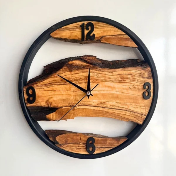 Rustic Wooden Wall Clock – Olive Wood & Metal Frame